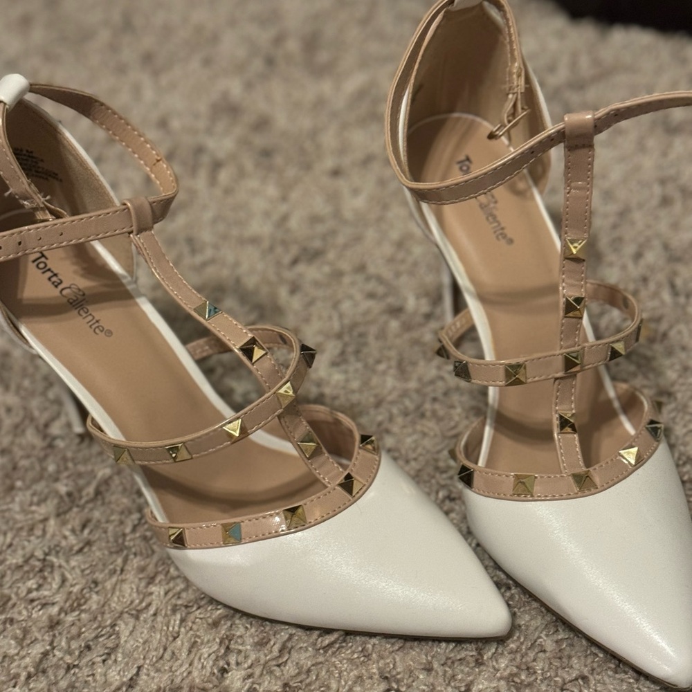Torrid White and Tan Heels with Gold Studs